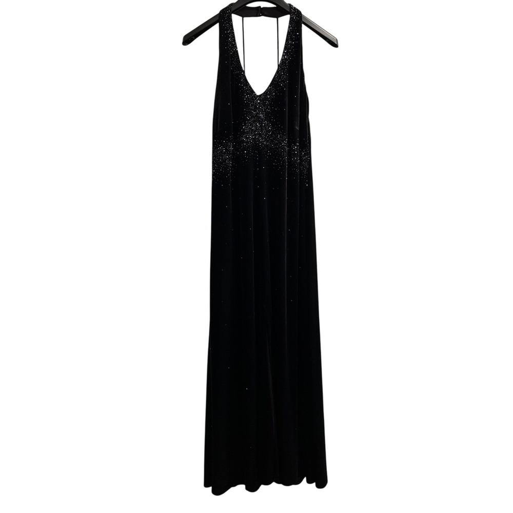 Dressbarn Dress Womens 14W Black Velvet Halter Maxi Beaded Gown Event Holiday
